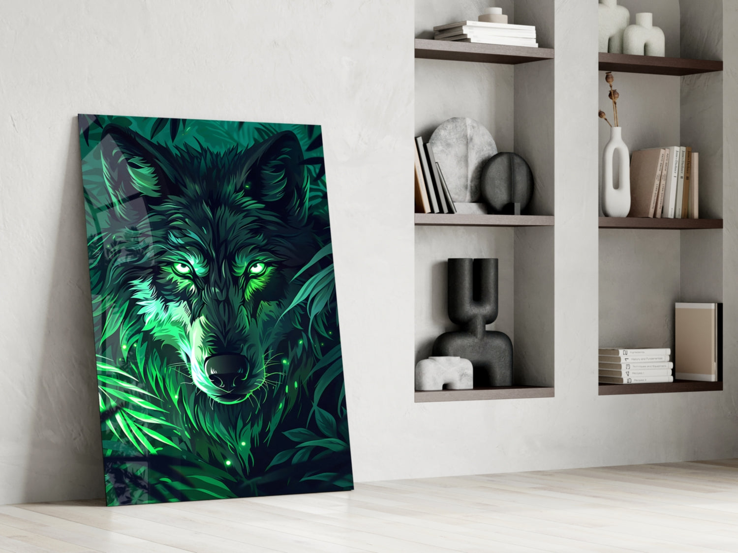 Glowing Green Eyes Fern Wolf Glass Wall Art
