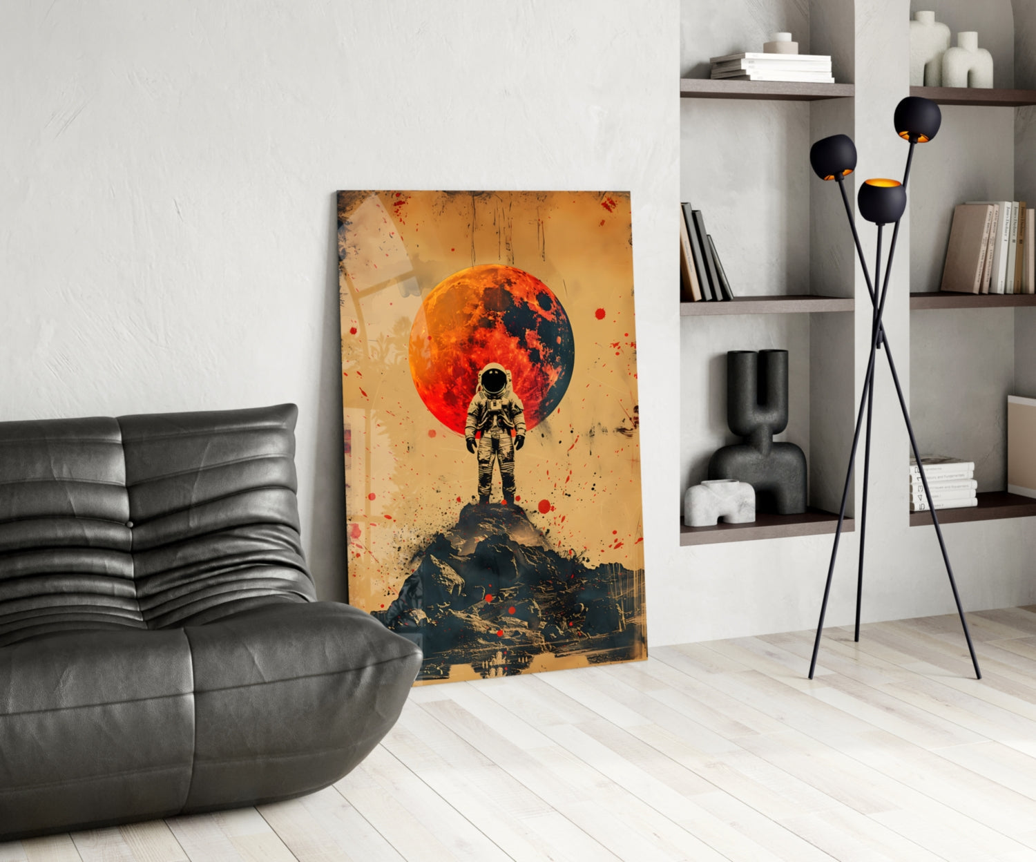 Red Moon Mountain Astronaut Glass Wall Art