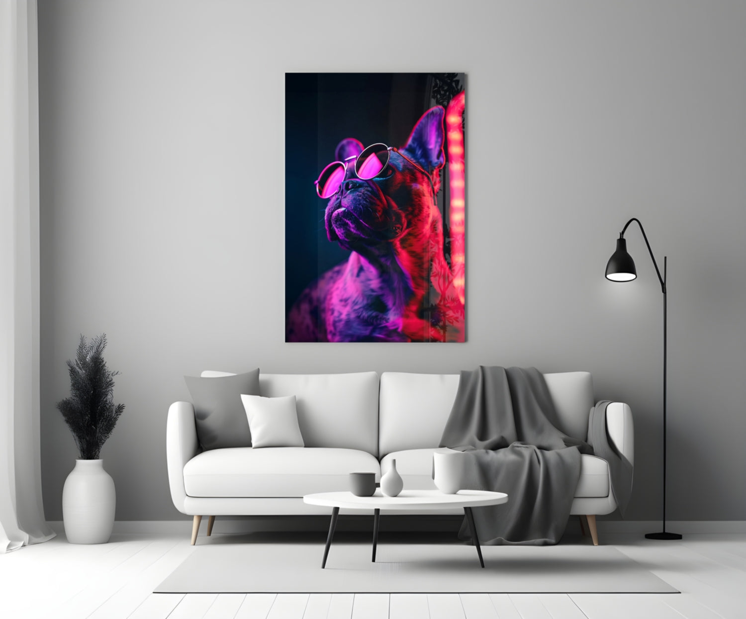Red Neon Bulldog Round Frames Dog with Glasses Glass Wall Art