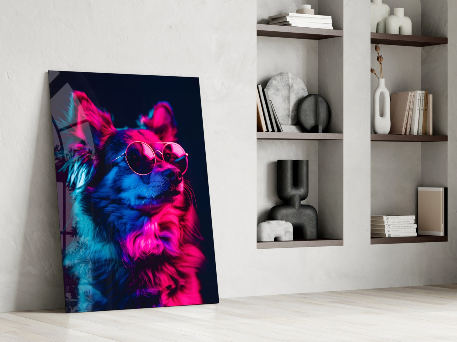 Blue and Pink Fluffy Chihuahua Dog with Glasses Glass Wall Art