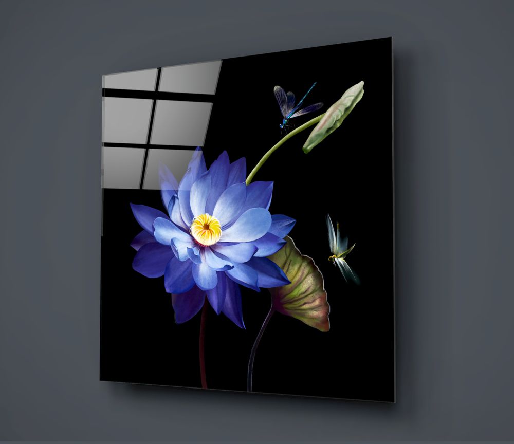 Blue Lotus and Dragonflies Flower Glass Wall Art