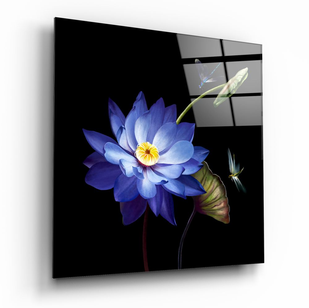 Blue Lotus and Dragonflies Flower Glass Wall Art