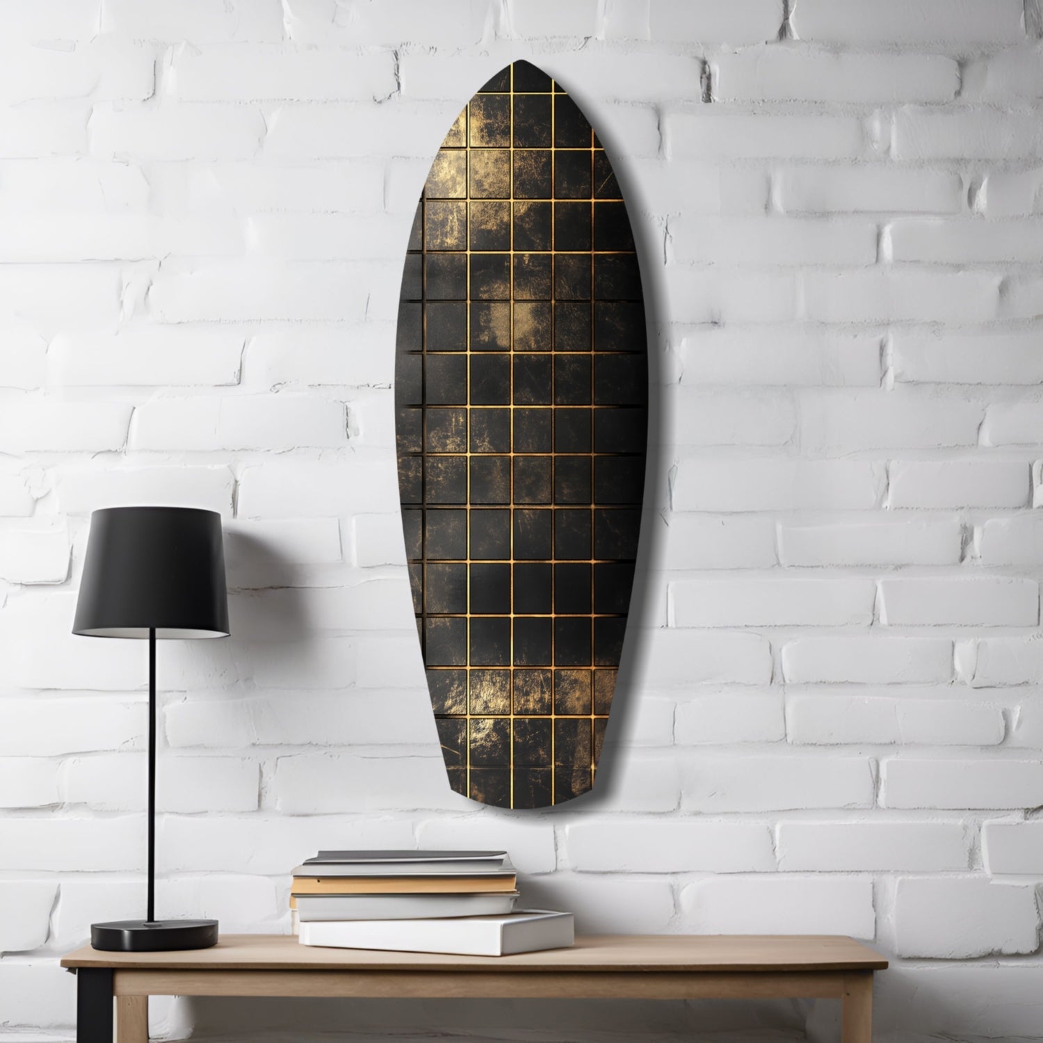Gold Grid Tiles Black Surfboard Glass Wall Art