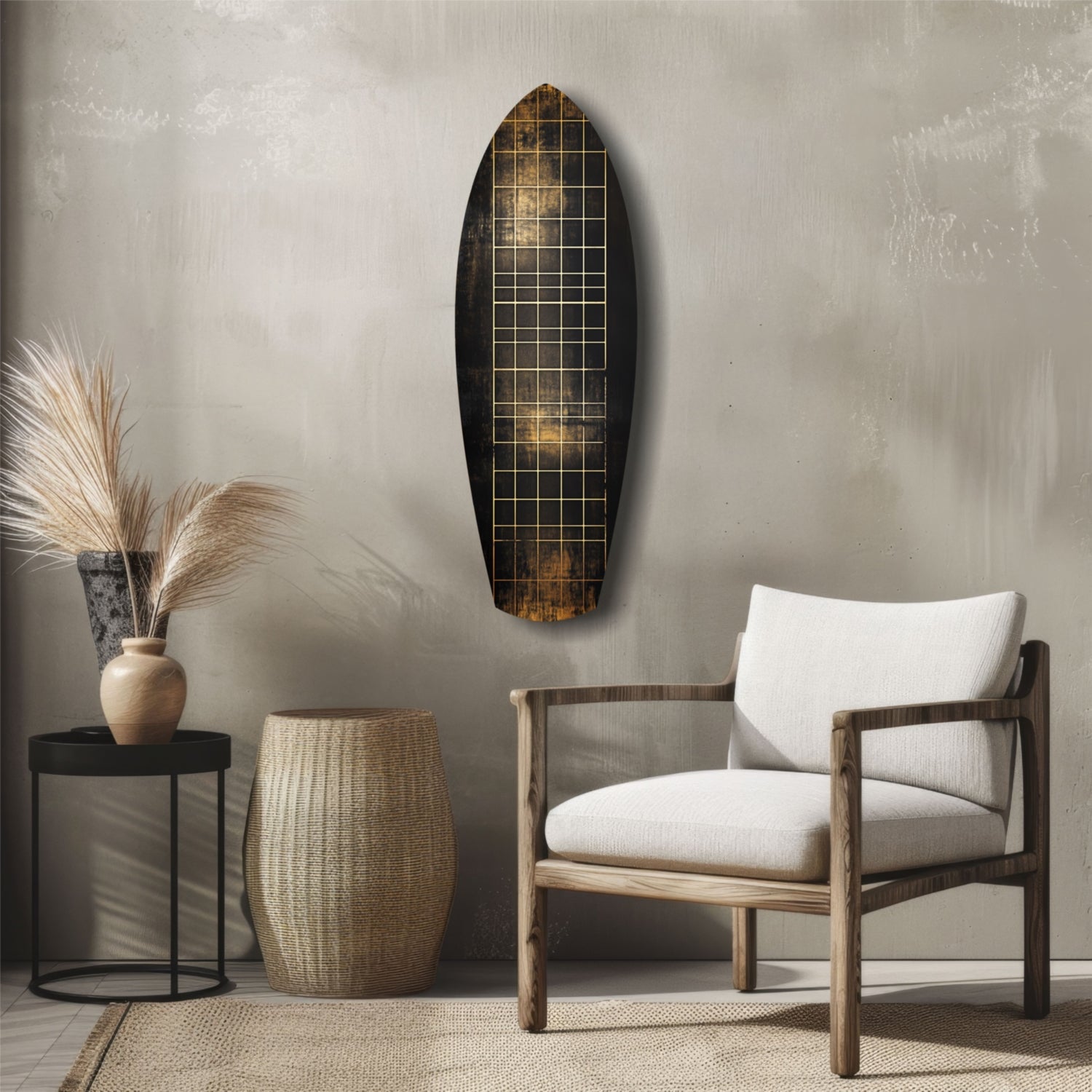 Yellow Line Grid Weathered Surfboard Glass Wall Art