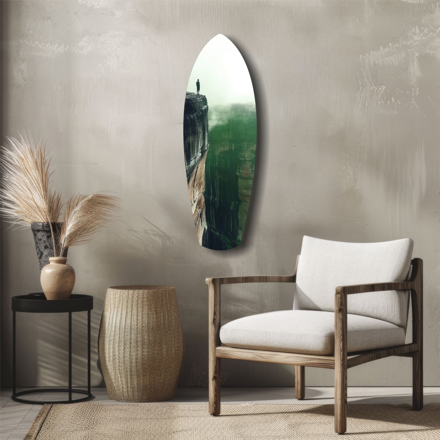 Green Mist Cliff Edge Lone Figure Glass Wall Art