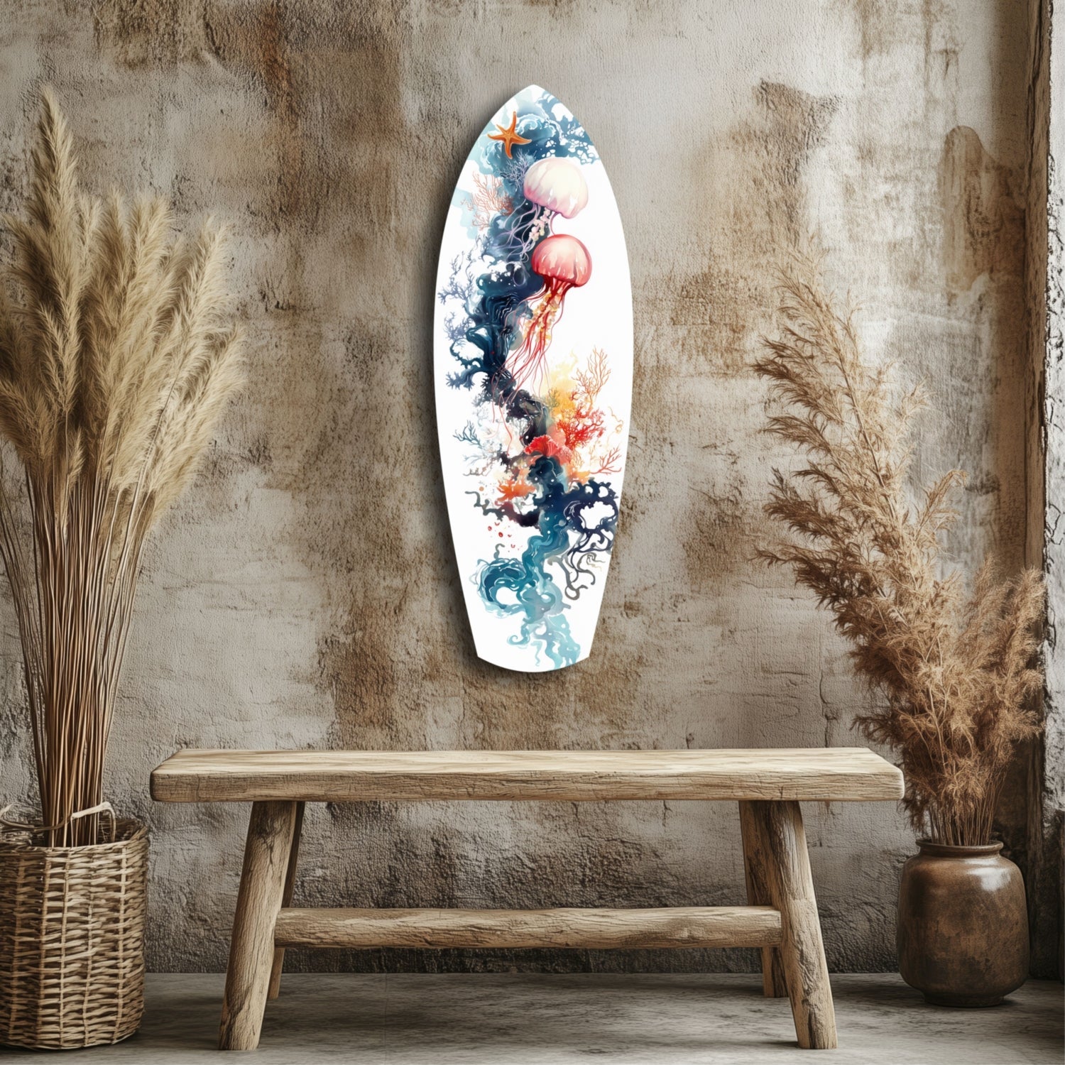 Jellyfish Coral Reef Surfboard Glass Wall Art