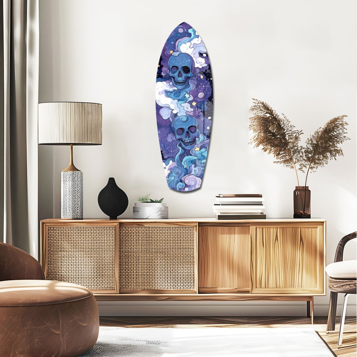 Indigo Cloud Skulls Surfboard Glass Wall Art
