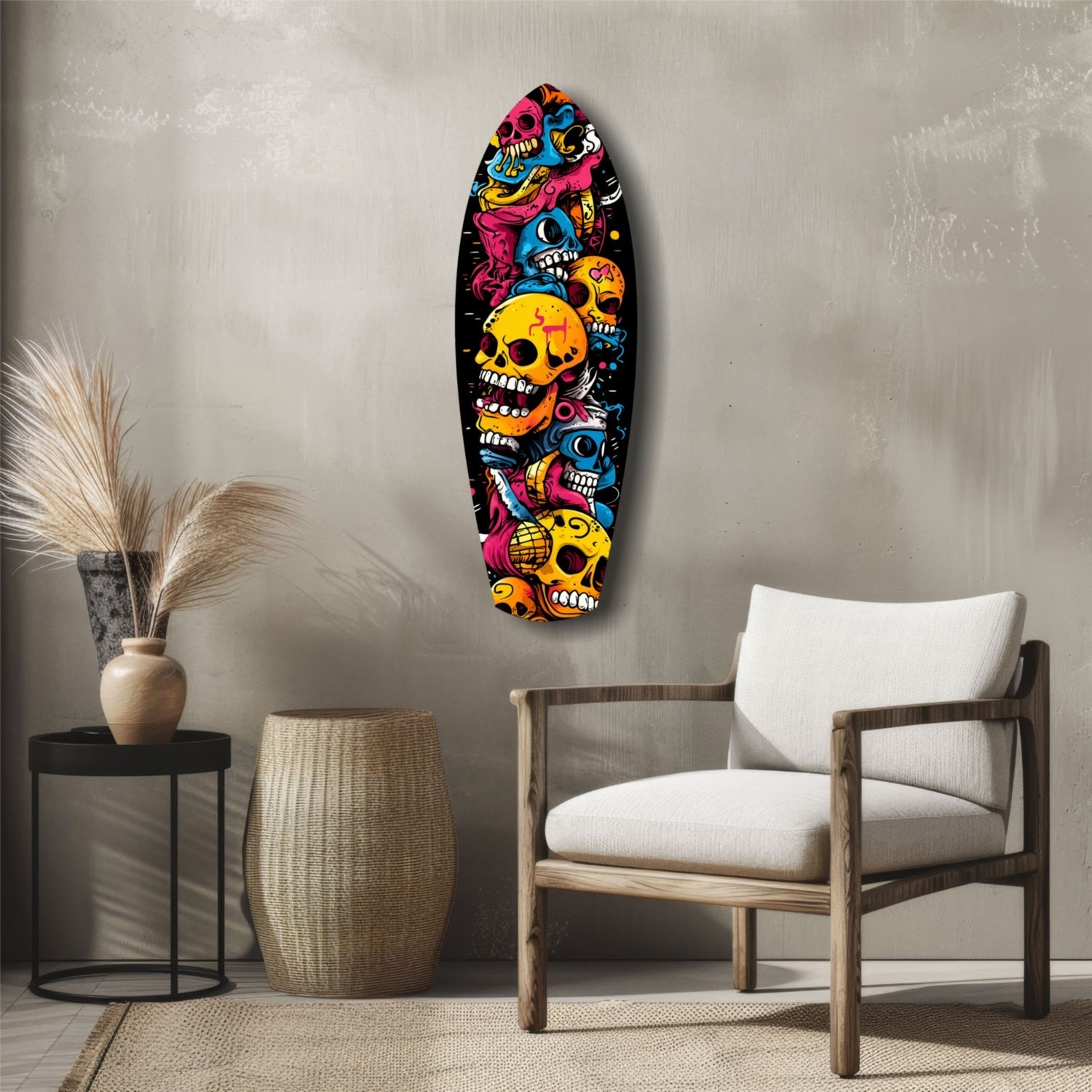 Stacked Yellow Cartoon Skulls Surfboard Glass Wall Art
