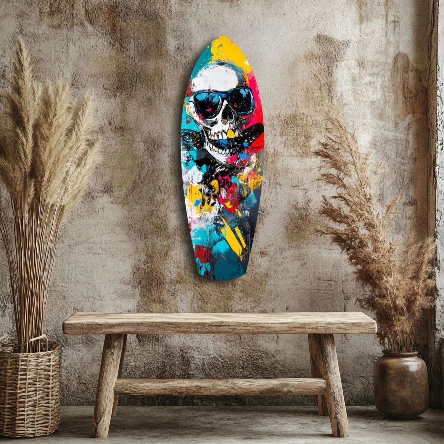 Sunglasses Skull Splatter Surfboard Glass Wall Art