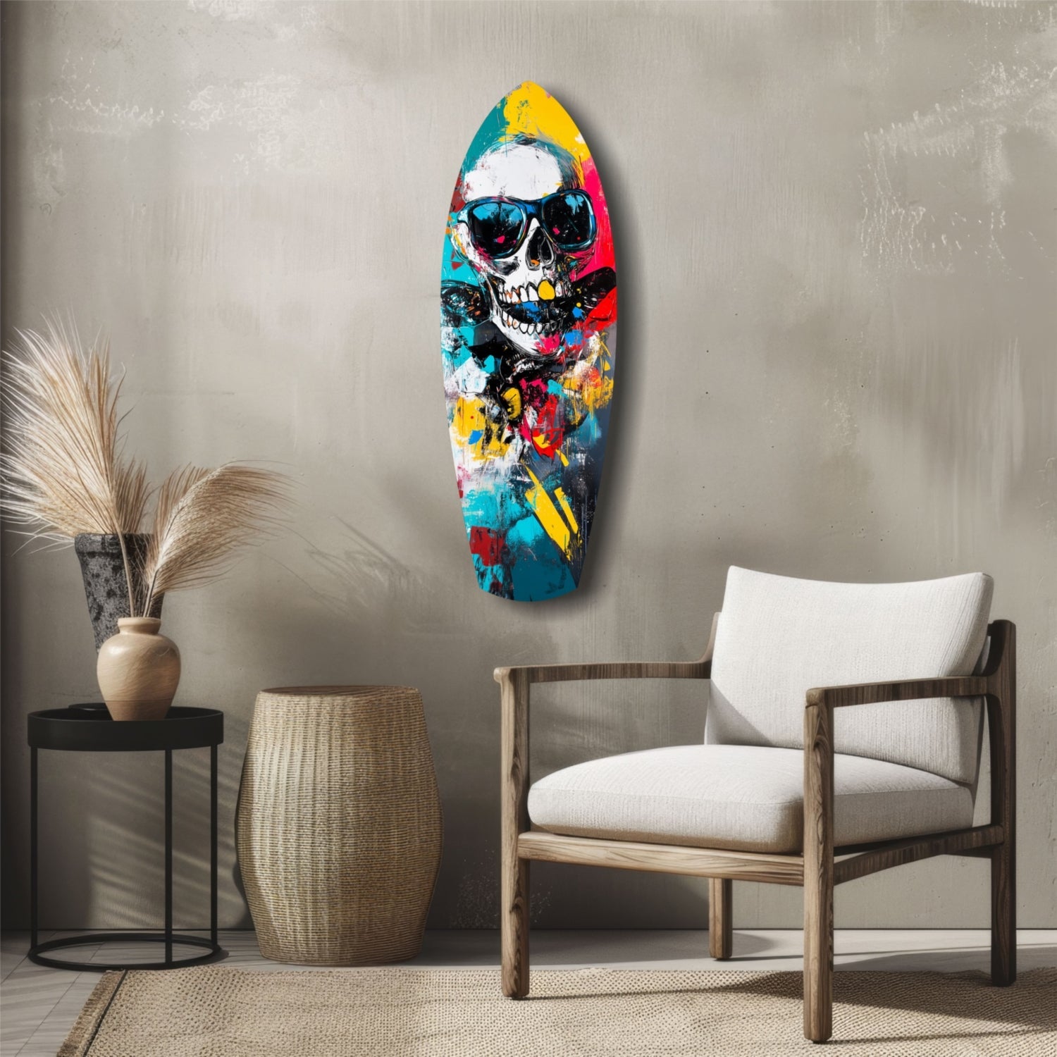 Sunglasses Skull Splatter Surfboard Glass Wall Art