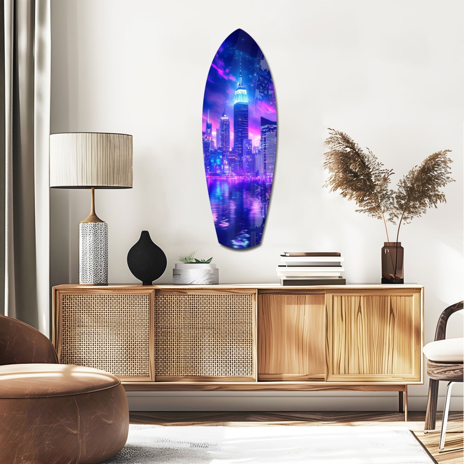 Neon Purple Skyline Night Reflection Glass Wall Art
