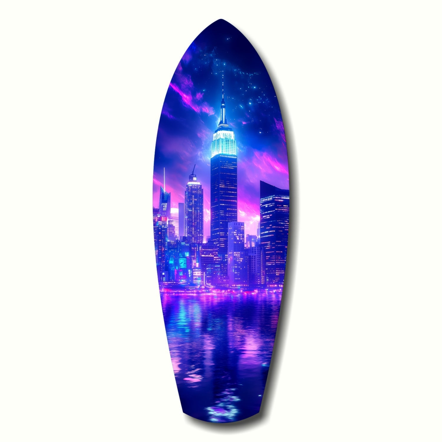 Neon Purple Skyline Night Reflection Glass Wall Art