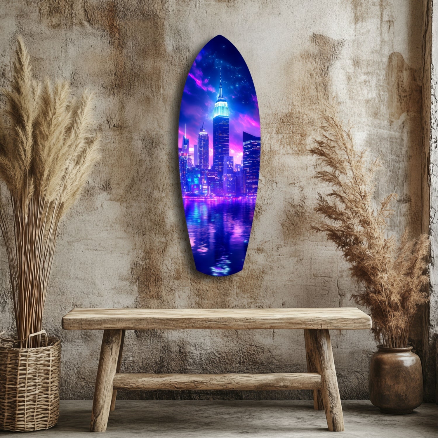 Neon Purple Skyline Night Reflection Glass Wall Art
