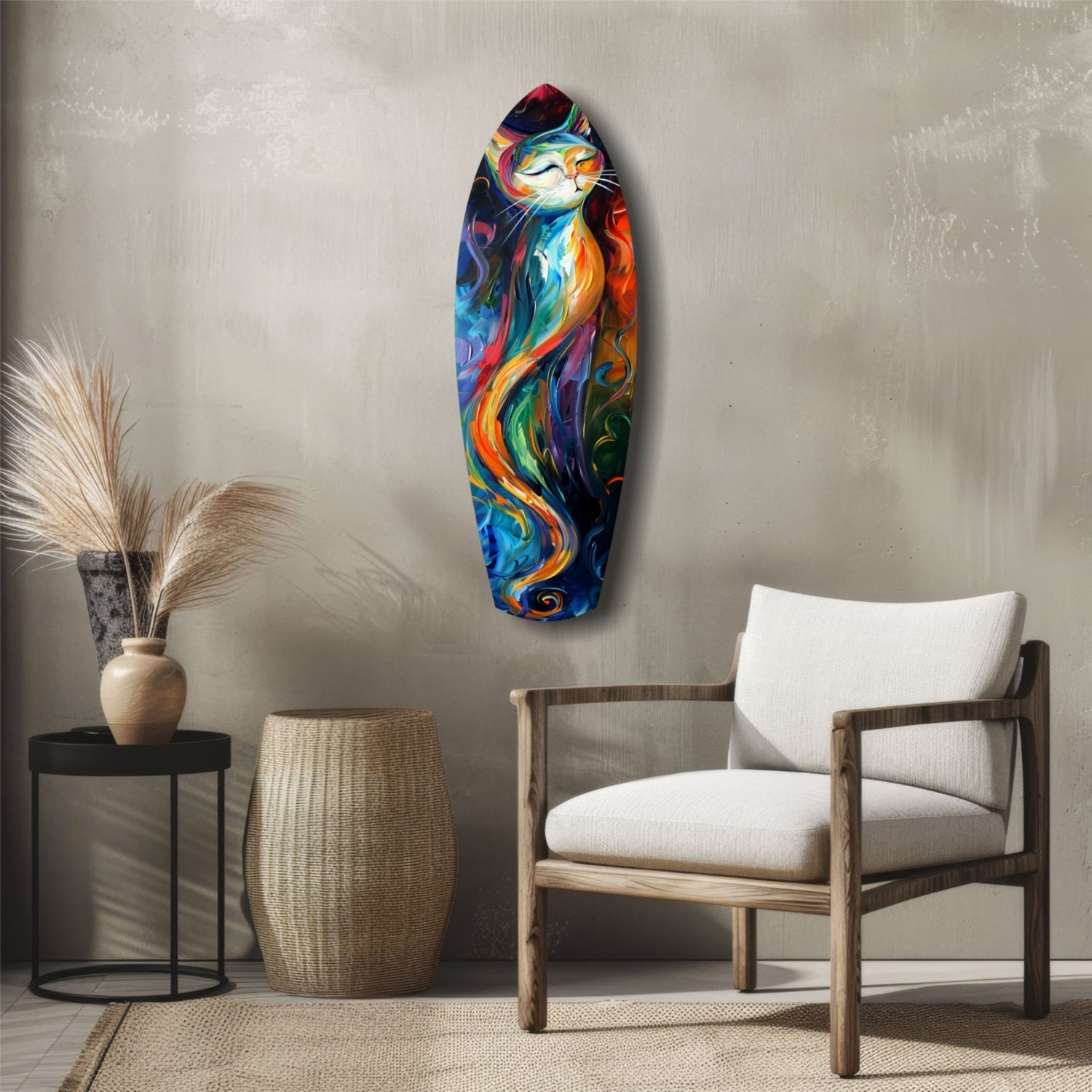 Colorful Swirl Cat Surfboard Glass Wall Art