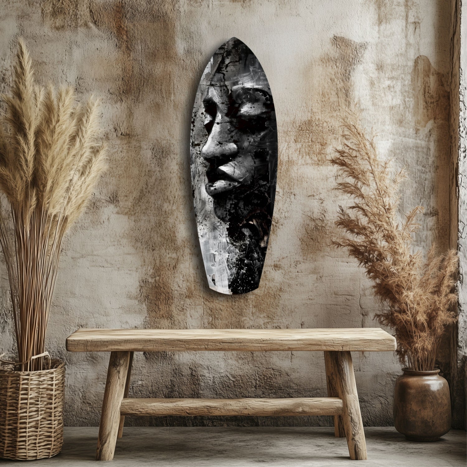 Grunge Painted Face Surfboard Glass Wall Art