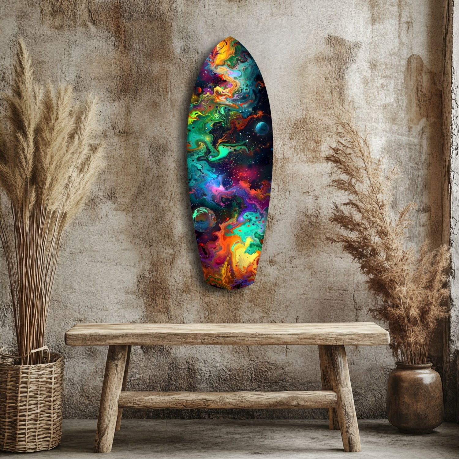 Rainbow Marbled Nebula Surfboard Glass Wall Art