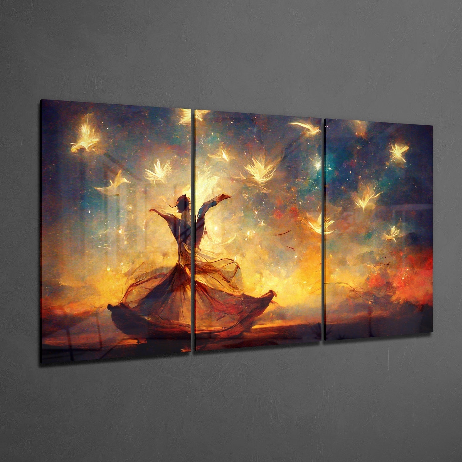 Fiery Sunset Dancer With White Doves Glass Wall Art