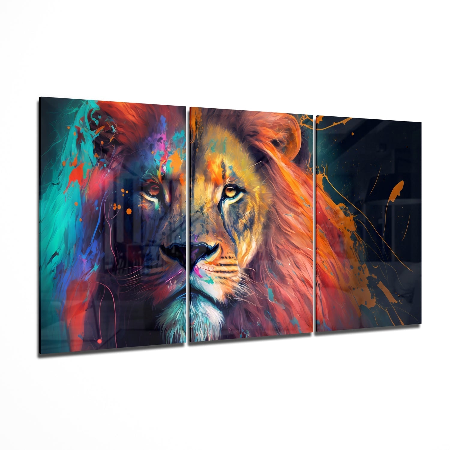 Teal and Red Paint Splash Lion Mega Glass Wall Art