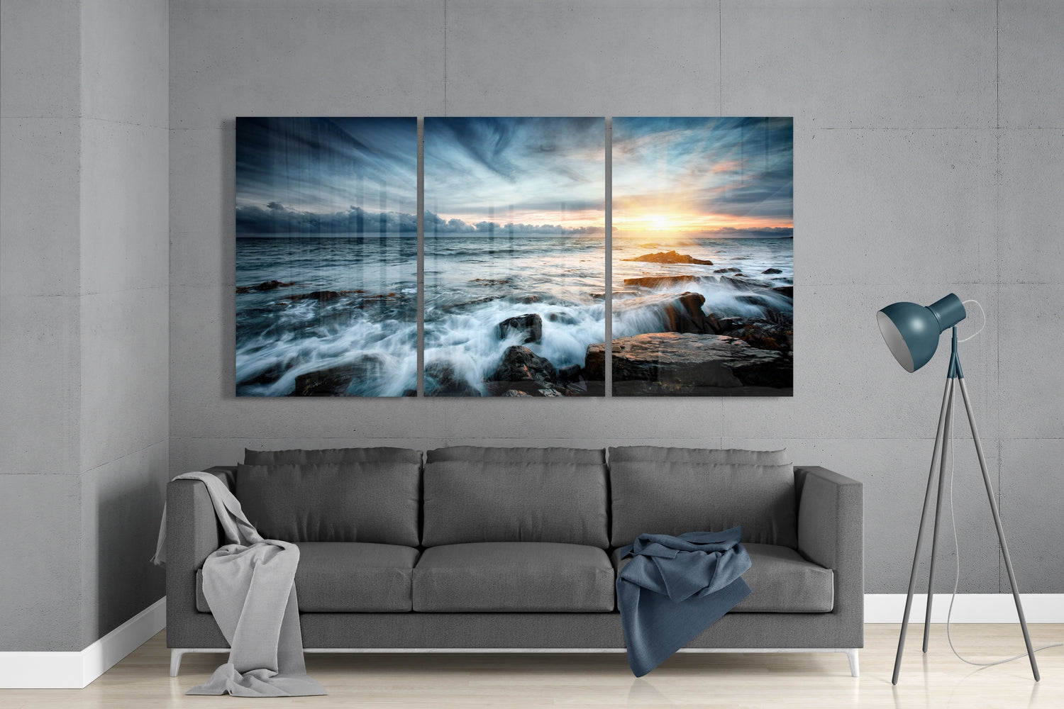 Crashing Waves Over Rocks At Dusk Glass Wall Art