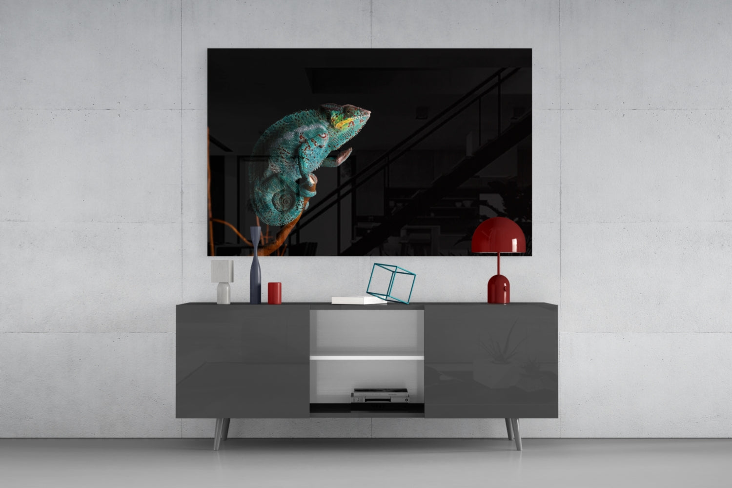 Turquoise Chameleon On Branch Black Glass Wall Art