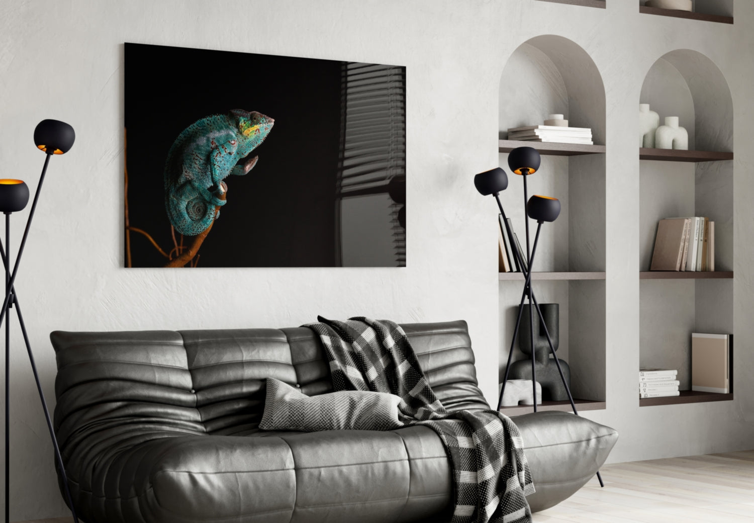 Turquoise Chameleon On Branch Black Glass Wall Art