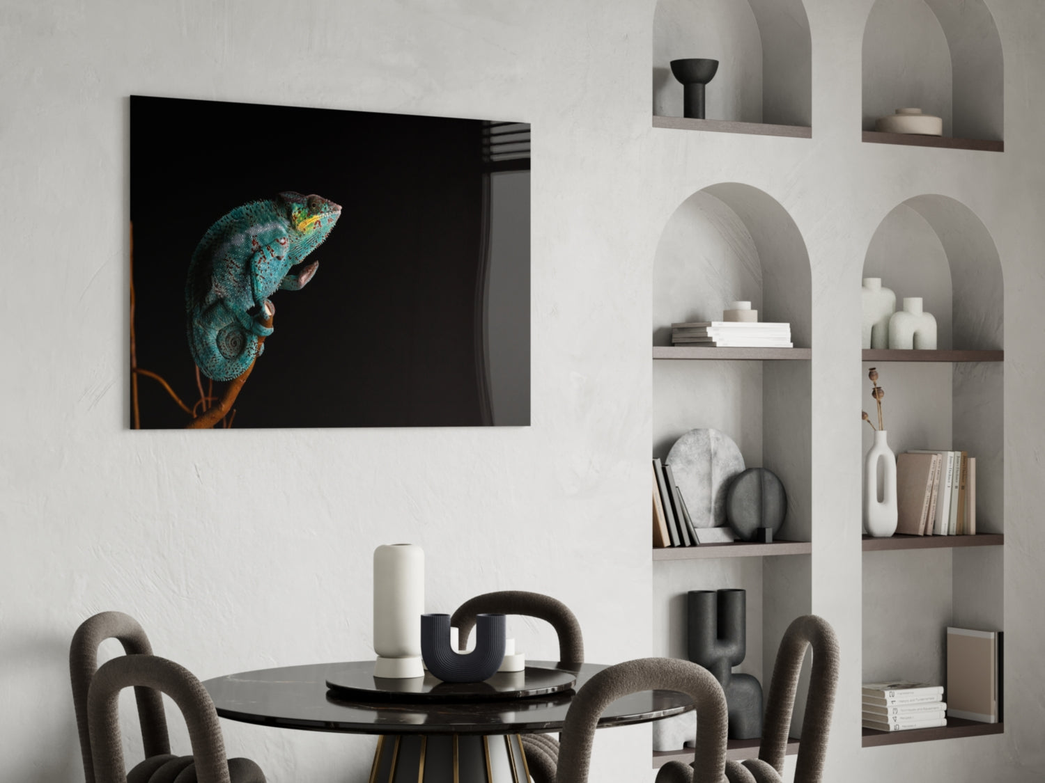 Turquoise Chameleon On Branch Black Glass Wall Art