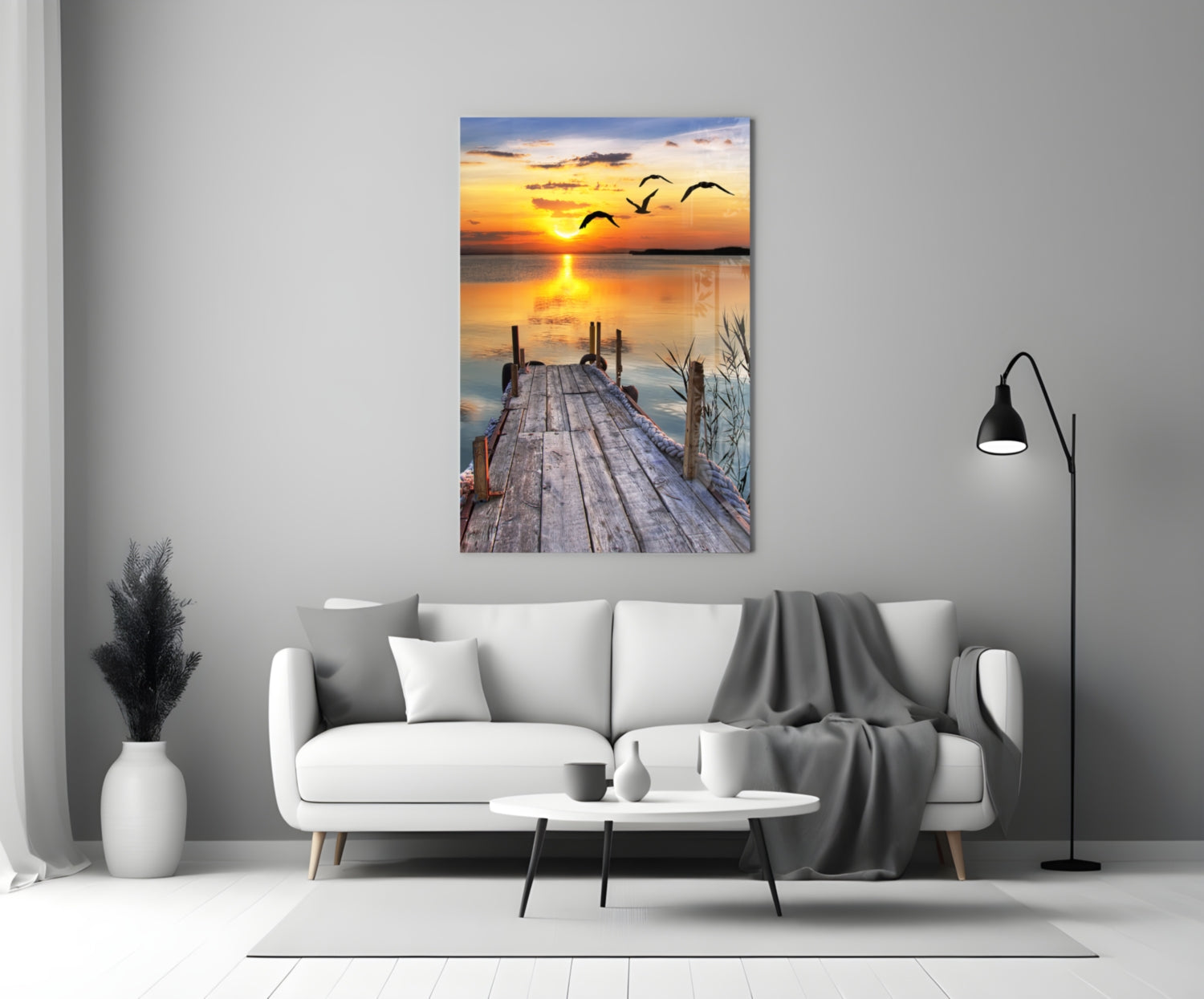 Golden Sun and Seagulls Over Dock Glass Wall Art