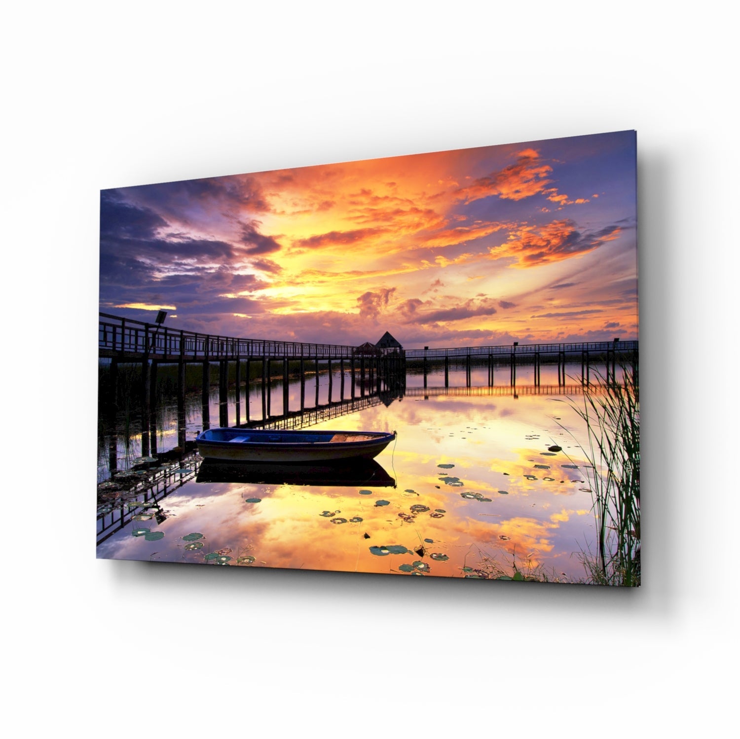 Rowboat by Pier Under Fiery Clouds Glass Wall Art