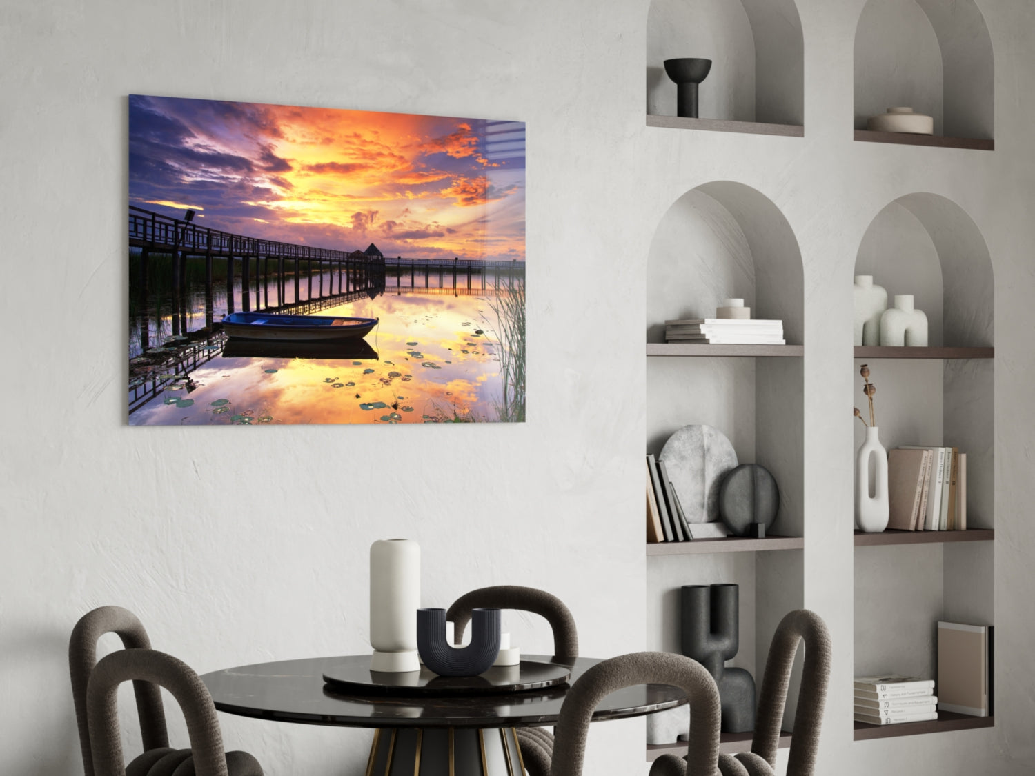 Rowboat by Pier Under Fiery Clouds Glass Wall Art