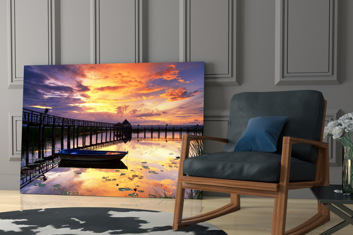 Rowboat by Pier Under Fiery Clouds Glass Wall Art