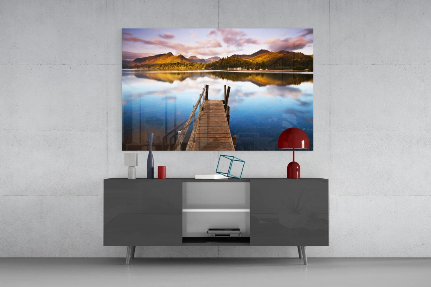 Wooden Jetty Into Still Lake Glass Wall Art