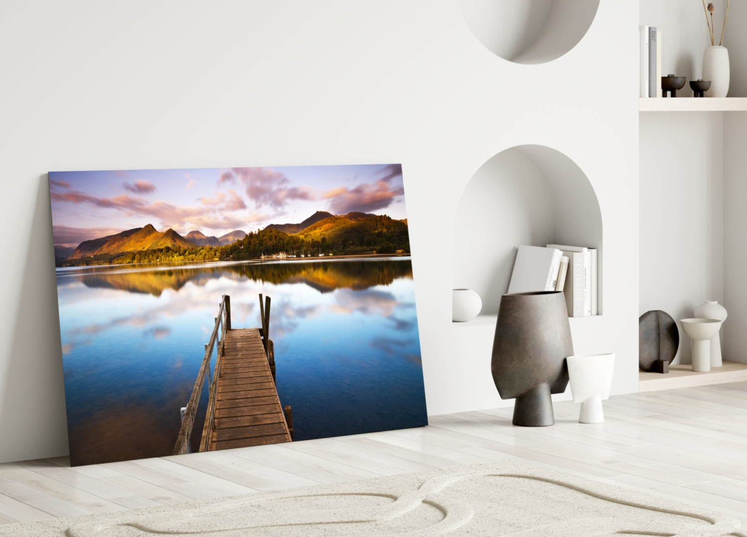 Wooden Jetty Into Still Lake Glass Wall Art