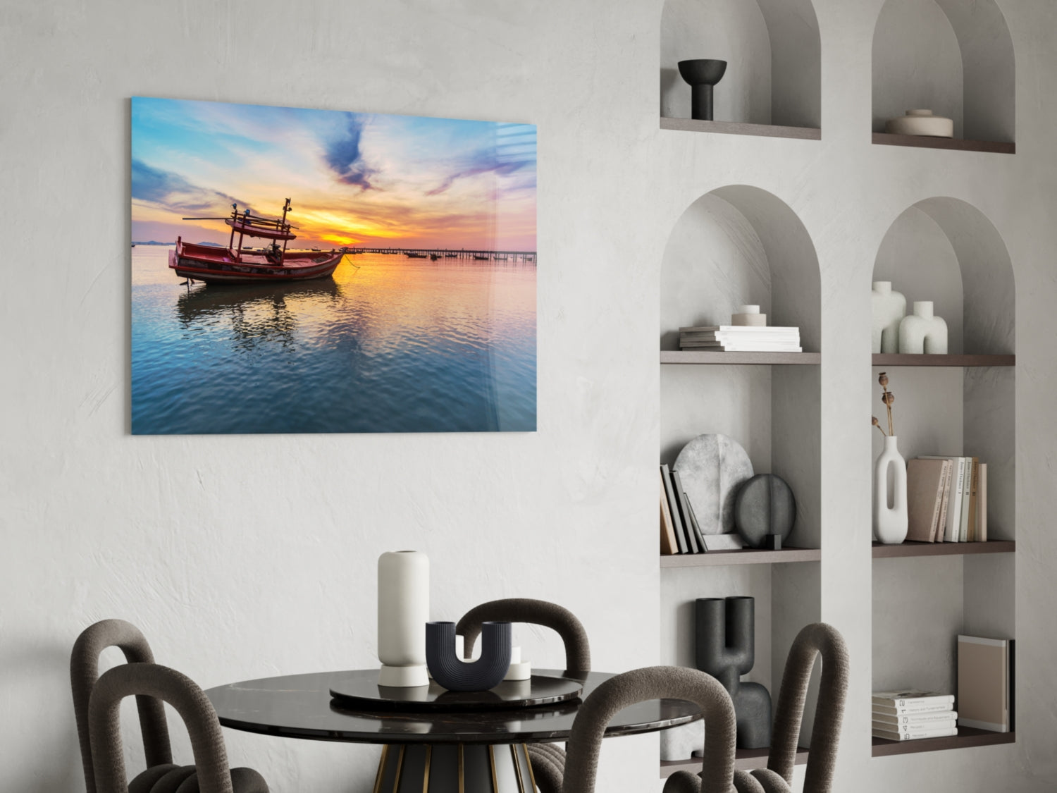 Fishing Boat Pastel Sunset Bay Glass Wall Art
