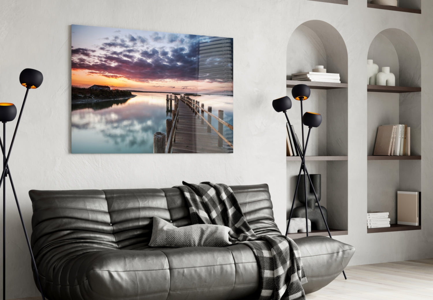 Wooden Jetty Dusk Clouds Glass Wall Art