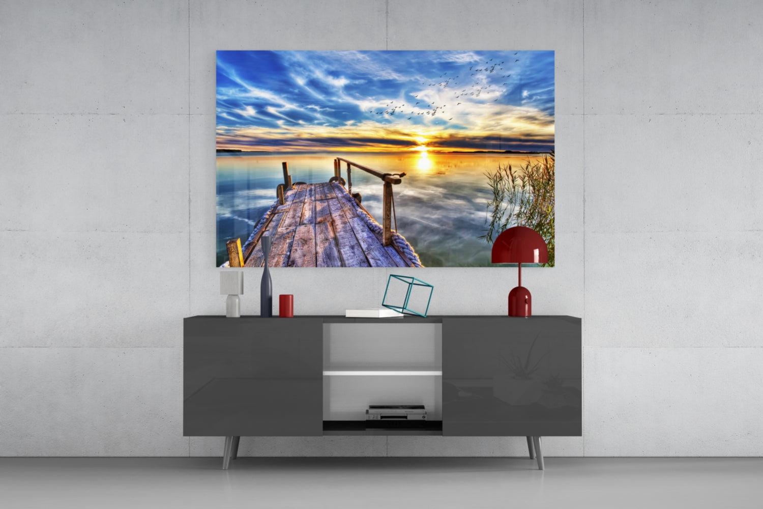 Vivid Blue Sky Sunset Dock Glass Wall Art