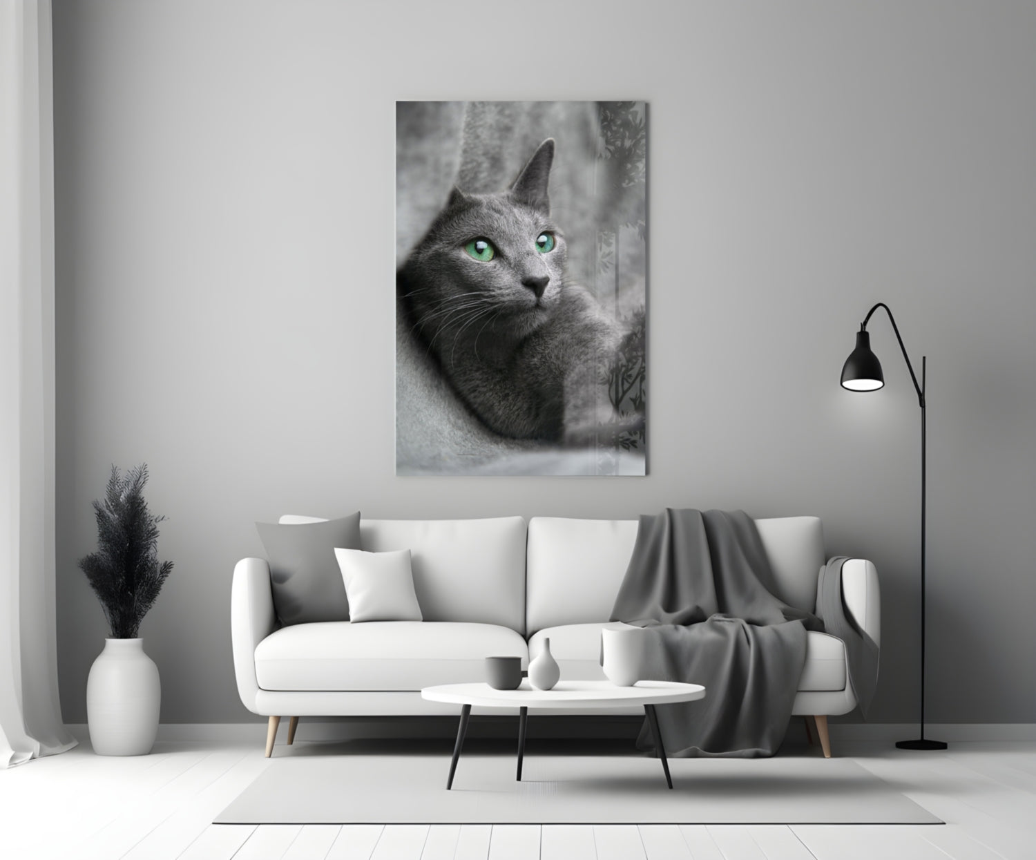 Green Eyed Gray Cat Glass Wall Art