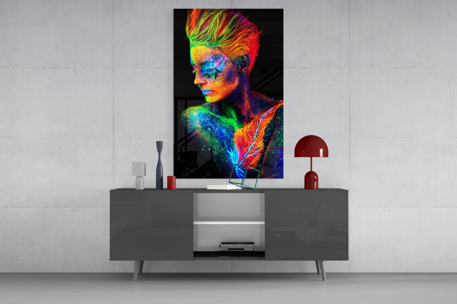 Neon Mohawk Feather Woman Glass Wall Art