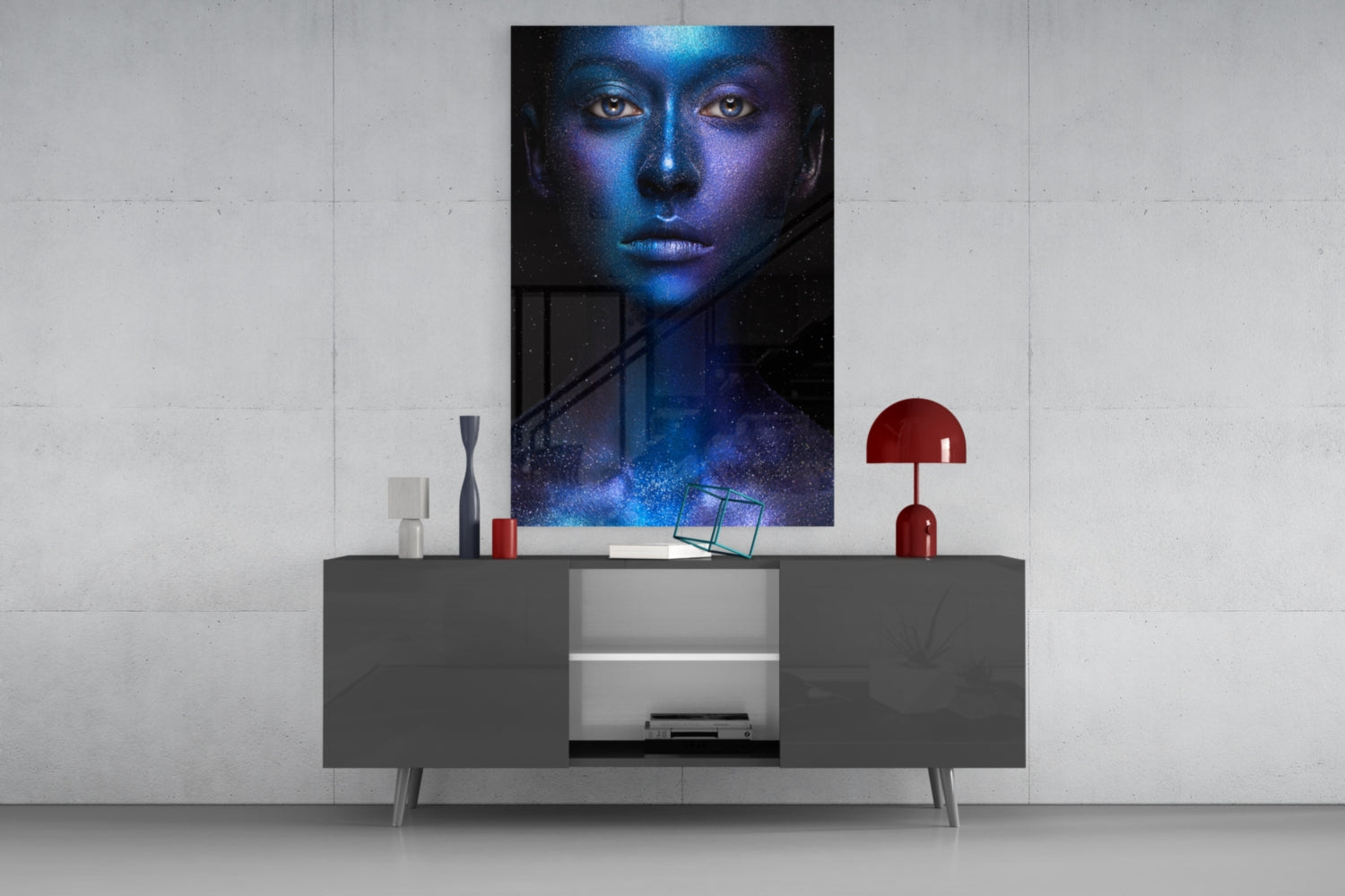 Cosmic Blue Glitter Face Glass Wall Art