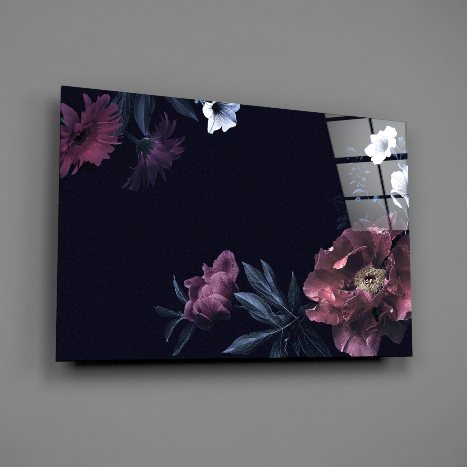 Moody Pink Peony Corner Floral Glass Wall Art