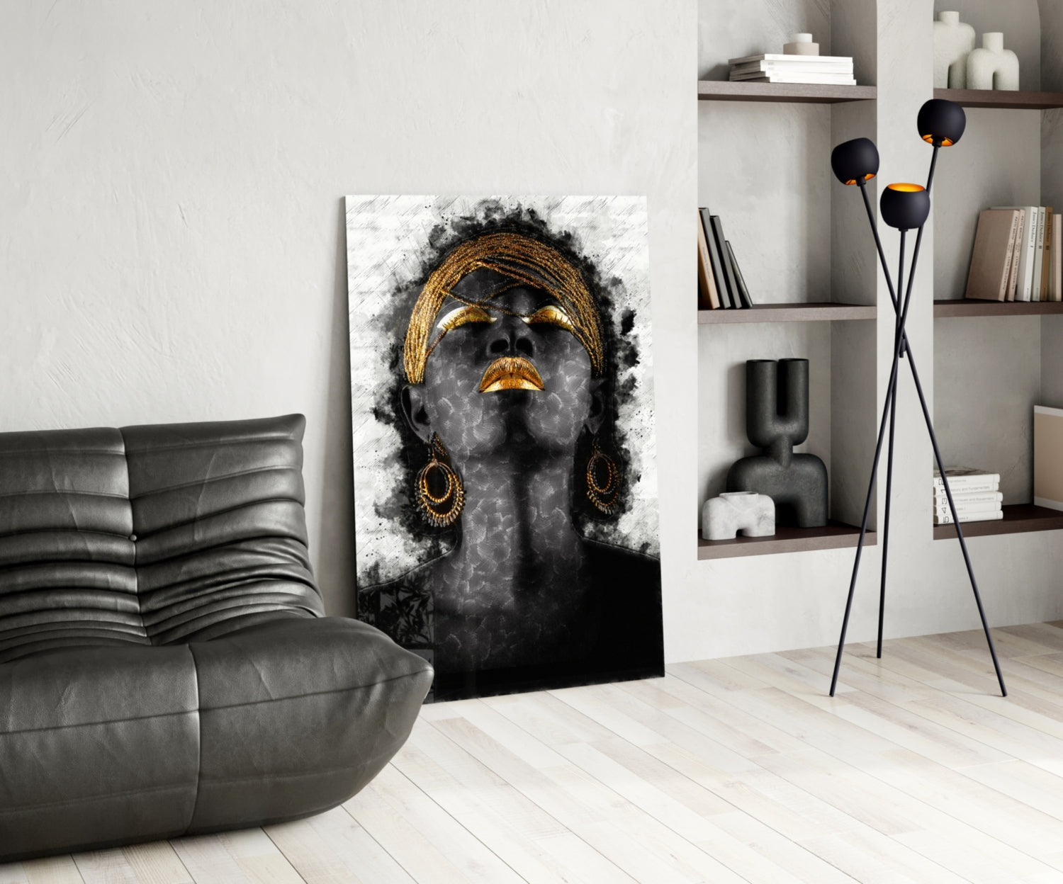 Gold Lips Woman Portrait White Glass Wall Art
