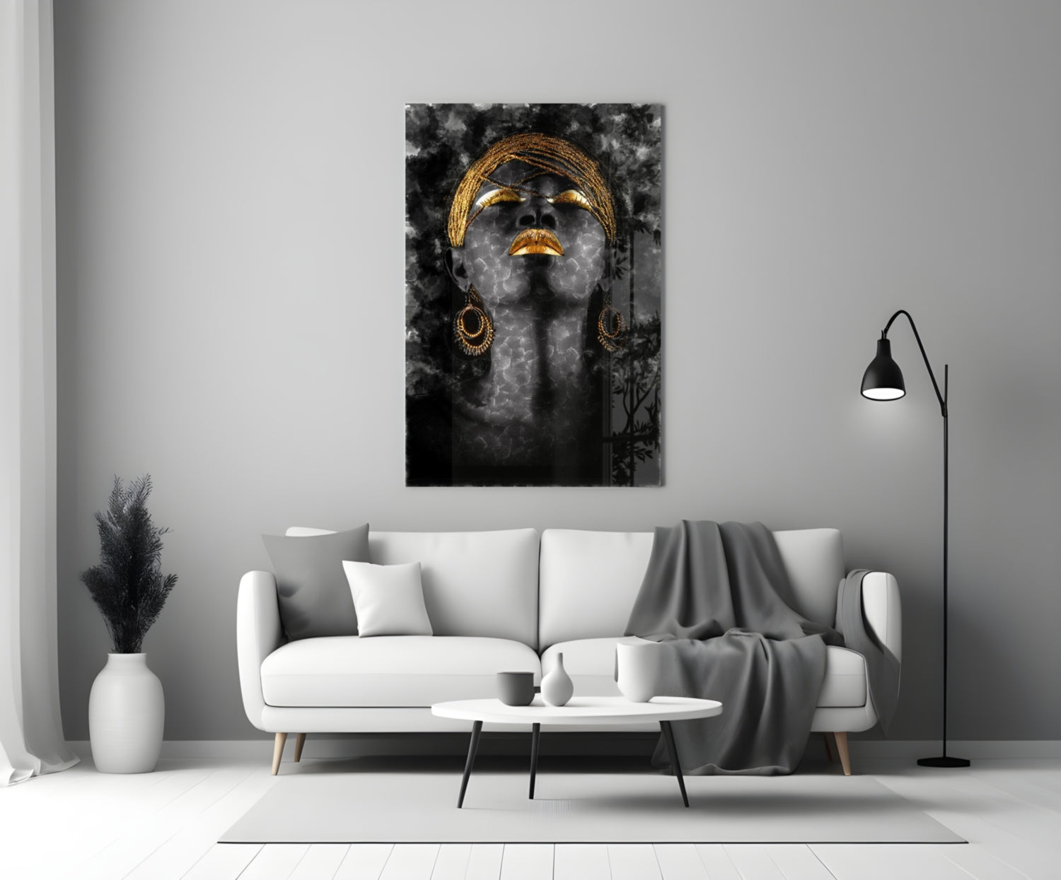 Gold Headdress Woman Portrait Black Glass Wall Art