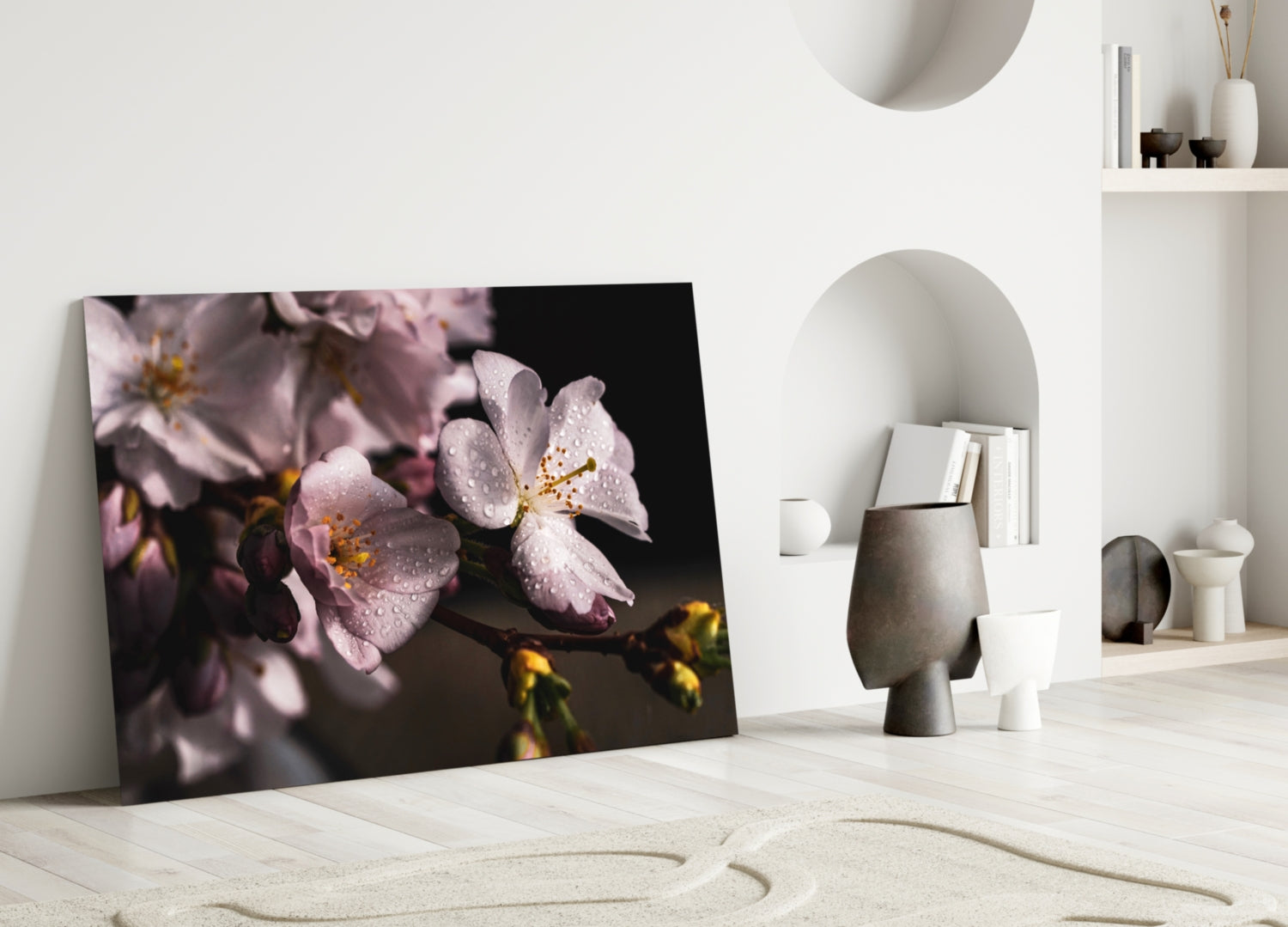 Dewdrop Pink Cherry Blossoms Glass Wall Art
