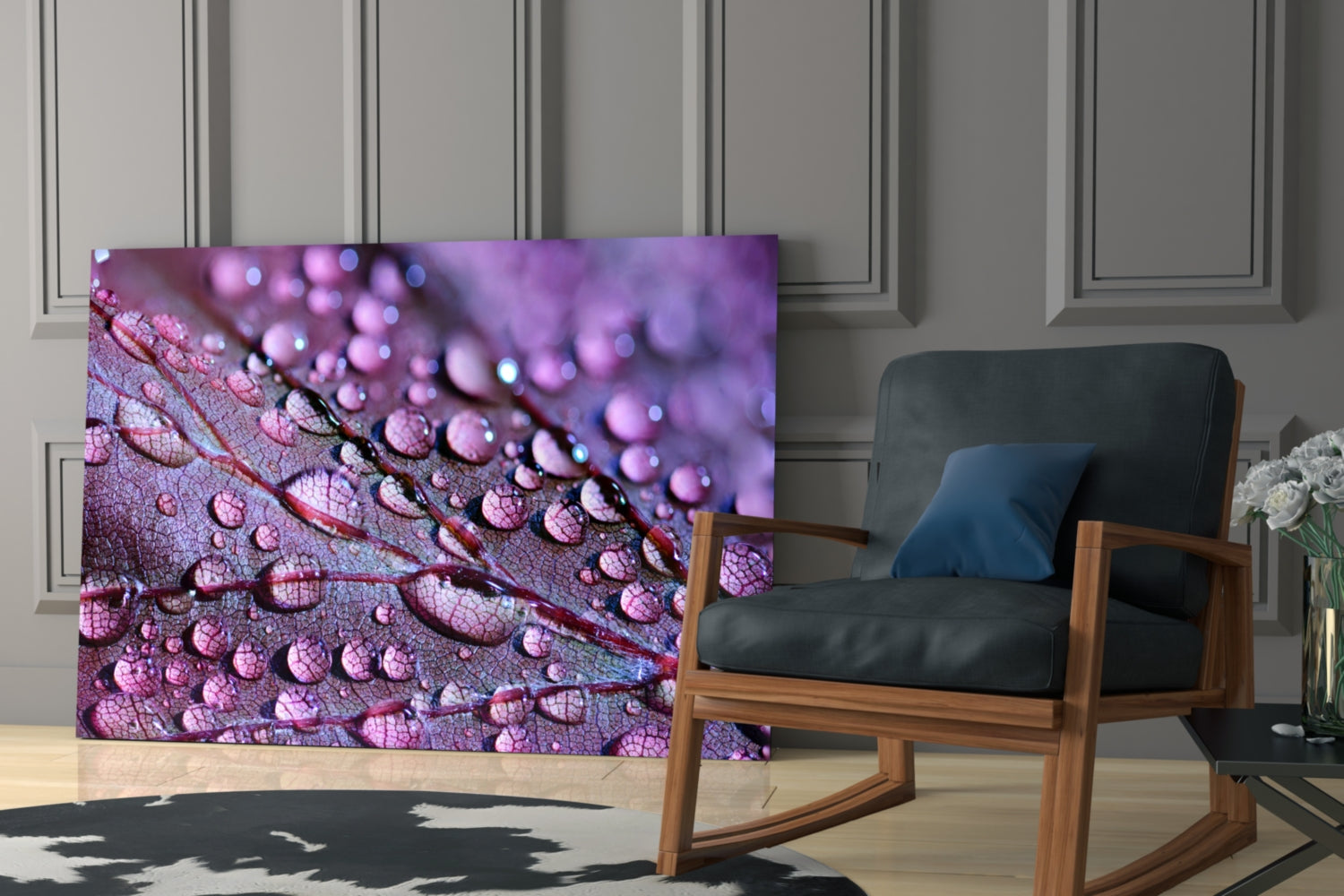 Violet Dew Drops On Leaf Glass Wall Art