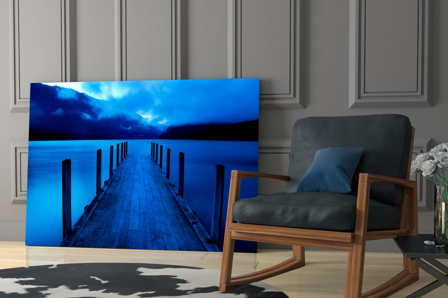 Moonlit Blue Mountain Jetty Glass Wall Art