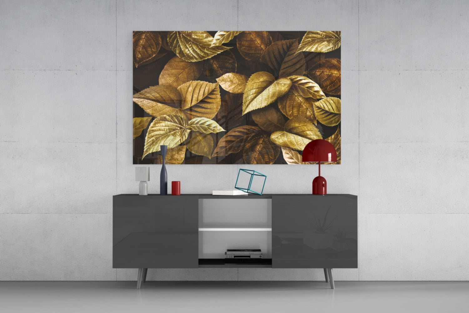 Metallic Gold Leaves On Dark Yellow Leaf Glass Wall Art