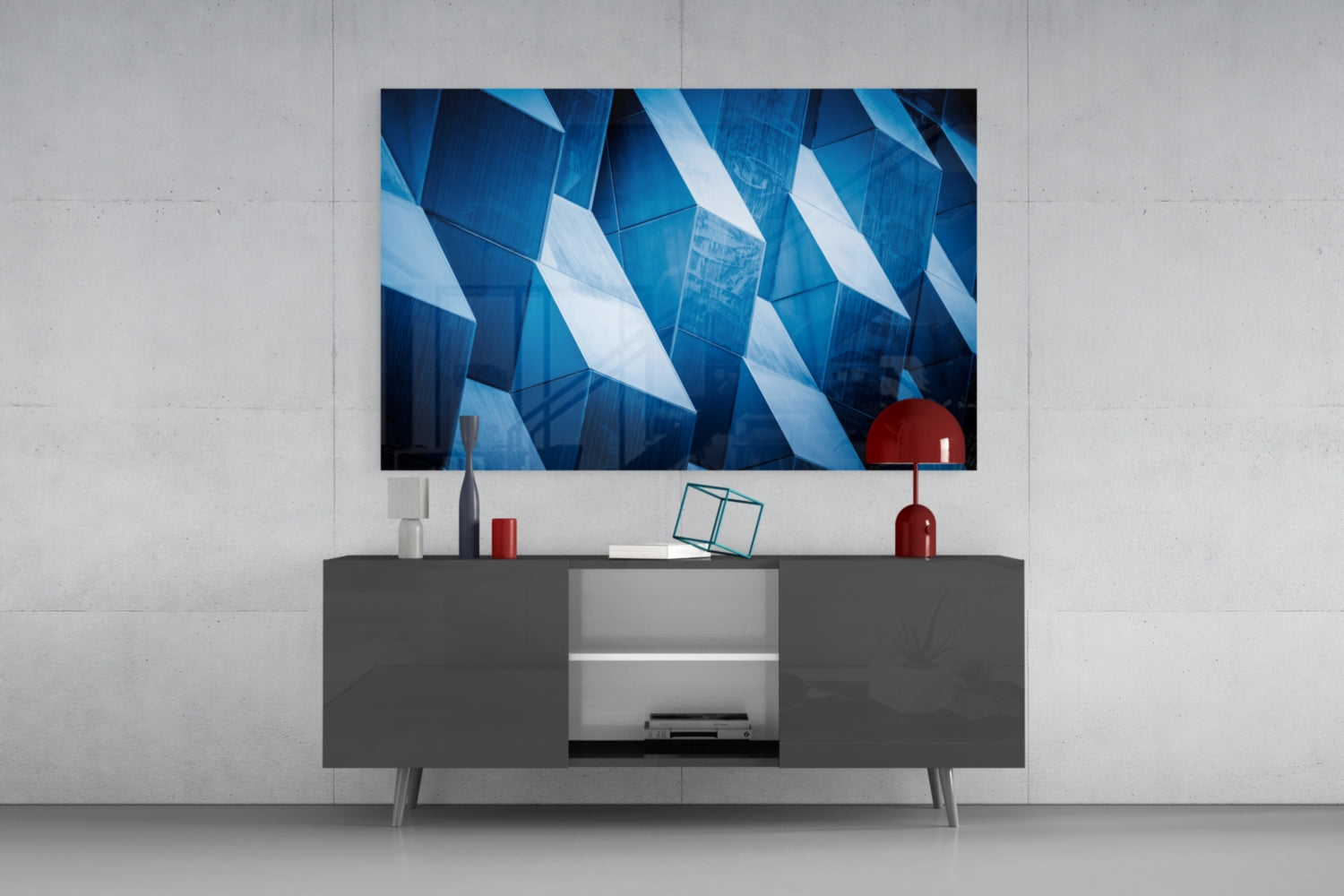 Blue Geometric Facade Panels Glass Wall Art
