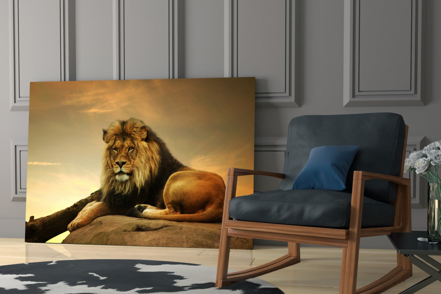 Golden Sunset Resting Lion Glass Wall Art