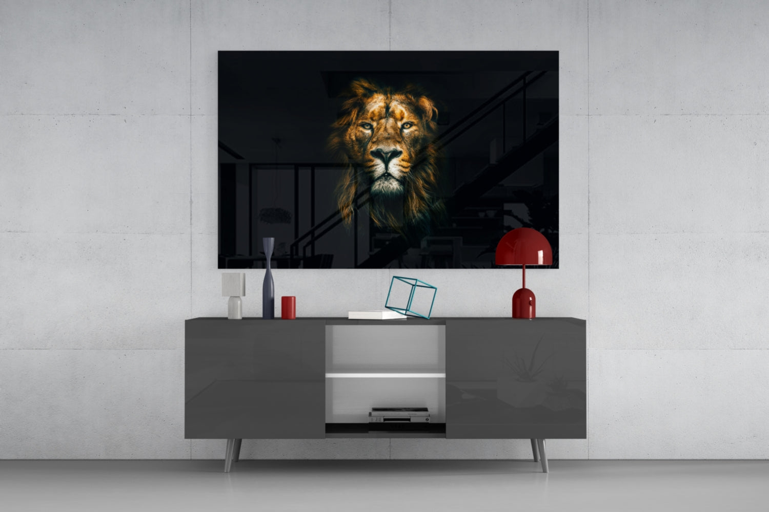 Golden Lion Head Dark Glass Wall Art