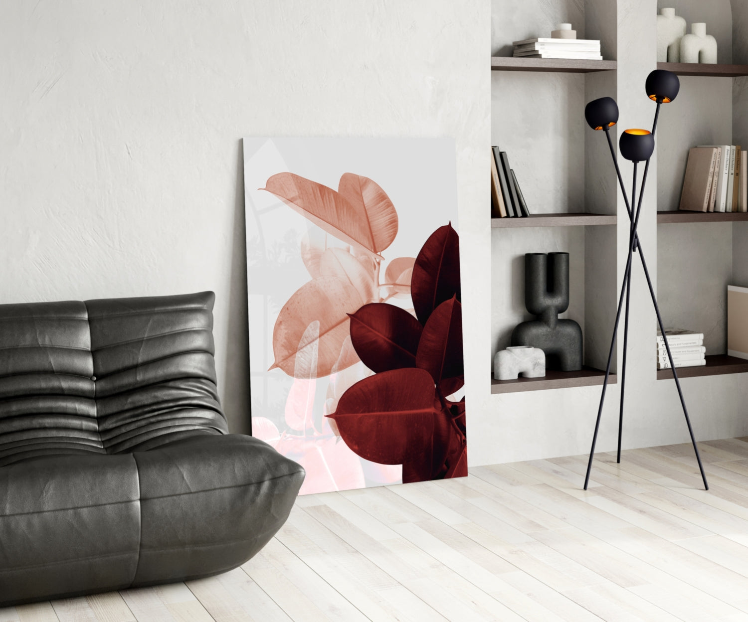 Blush Burgundy Rubber Leaves Glass Wall Art
