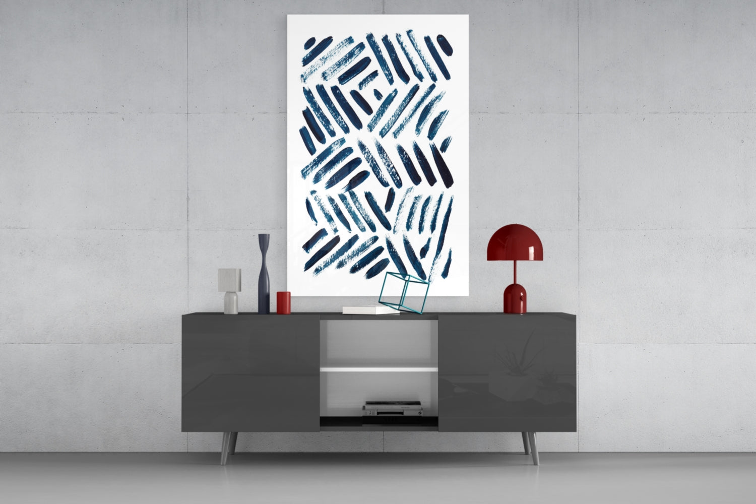 Navy Chevron Brush Dashes Glass Wall Art